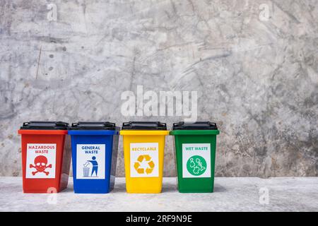 Le concept de classification des déchets pour le recyclage. Collecte des bacs pour différents types de déchets par séparation selon la couleur du bac W Banque D'Images