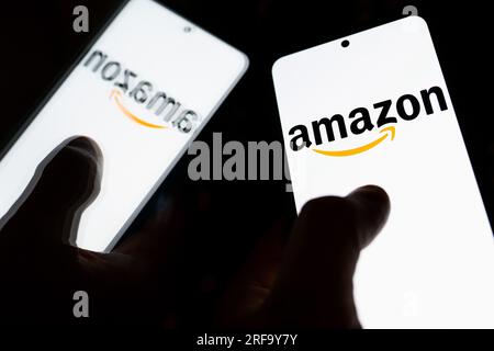 Pologne. 01 août 2023. Dans cette illustration photo, logo Amazon vu affiché sur un smartphone. Crédit : SOPA Images Limited/Alamy Live News Banque D'Images