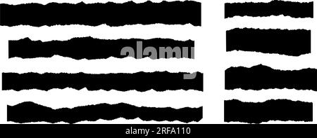 Morceaux de papier fins et longs déchirés. Bandes de papier découpées noires aux bords dentelés. Collection de fragments horizontaux déchirés. Ensemble d'éléments grunge texturés pour collage, zone de texte, bannière, autocollant. Vecteur Illustration de Vecteur