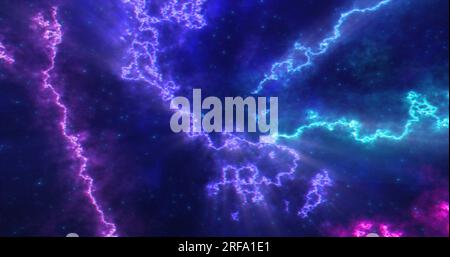 Arrière-plan futuriste abstrait avec lignes magiques d'énergie multicolores bleues et violettes et vagues de motifs cosmiques. Banque D'Images