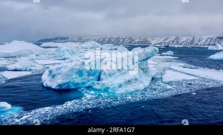 Vue grand angle d'une grande zone d'icebergs flottant dans la mer au large de la côte de l'île de Snow Hill dans le détroit de l'Amirauté, Antarctique. Banque D'Images