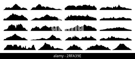 Silhouettes de colline et de montagne de roche noire de formes de paysage rocheux, icônes de pic de montage de vecteur. Les rochers de montagne ou la chaîne de canyon et les collines de vallée silhouette pour la randonnée, le camping ou l'escalade sport et les voyages Illustration de Vecteur