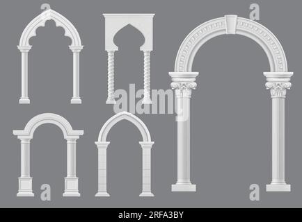 Château et palais arche en marbre blanc, arche médiévale ou colonnes antiques grecques romaines et arabes, architecture vectorielle. Arches médiévales sur piliers, portes d'entrée anciennes en pierre ou arcade en marbre Illustration de Vecteur