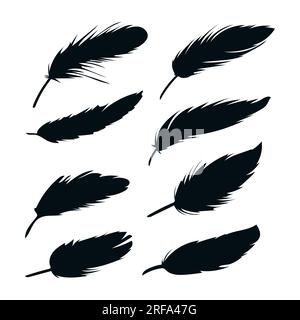 Silhouettes noires d'une plume d'oiseau. Collection de plumes. Vecteur isolé sur blanc. Illustration de Vecteur