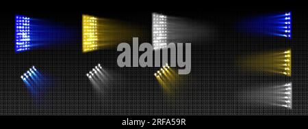 Projecteurs de scène, lumières de stade pour spectacle, concert, football et événements sportifs. Projecteurs bleu vif, blanc et jaune isolés sur fond transparent Illustration de Vecteur