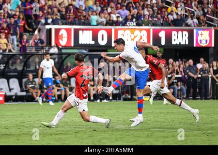 1 août 2023 : l'attaquant du FC Barcelone Robert Lewandowski (9 ans) tire un coup au but lors de la seconde moitié du Soccer Champions Tour 2023 mettant en vedette le FC Barcelone vs AC Milan au stade Allegiant le 1 août 2023 à Las Vegas, NV. Christopher Trim/CSM. Banque D'Images