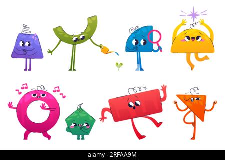 Ensemble de personnages de figure géométrique avec des émotions différentes. Illustration vectorielle plate de rectangle, triangle, cercle, trapèze, mascottes du pentagone avec DO Illustration de Vecteur