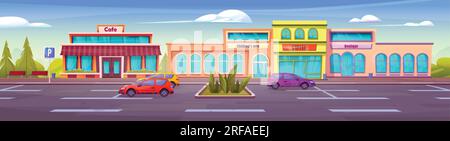 Parking avec voitures à proximité du centre commercial de la ville. Illustration de dessins animés vectoriels d'automobiles devant des bâtiments modernes de café, de beauté et de magasin de jouets, benc Illustration de Vecteur