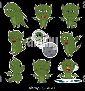 Autocollant vert d'émotion dragon. Dragon émotions tristes, heureux, pleurant, en colère, effrayé Illustration de Vecteur