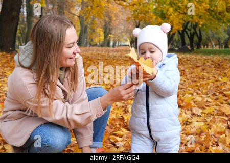 Une mère avec sa petite fille ramasse des feuilles dans le parc d'automne. Photo horizontale Banque D'Images