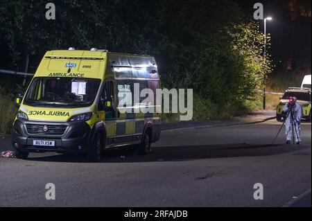 Freeth Street, Birmingham, 2 août 2023 : la police des West Midlands a lancé une enquête sur un meurtre après qu'une femme ait été retrouvée morte sur Freeth Street dans le quartier Ladywood du centre de Birmingham tard dans la nuit de mardi. Deux ambulances, un agent paramédical et l'équipe de soins intensifs transportant des médecins de l'Ambulance aérienne ont assisté à l'incident. Les équipes médicales ont tenté en vain de sauver la victime mais malheureusement elle a été déclarée morte sur les lieux. Des équipes de recherche spécialisées, dont un chien renifleur, ont fouillé la zone pour trouver des indices sur la mort des femmes. Les officiers médico-légaux en costumes blancs ont ensuite photographié le crime sc Banque D'Images