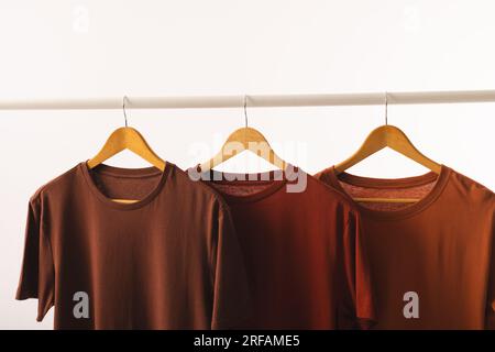 Trois t-shirts bruns sur des cintres suspendus à la tringle à vêtements et espace de copie sur fond blanc Banque D'Images