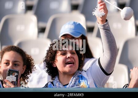 Dunedin, Nouvelle-Zélande. 28 juillet 2023. Dunedin, Nouvelle-Zélande, 28 juillet 2023 : fans de l'Argentine lors du match de football de la coupe du monde féminine FIFA 2023 entre l'Argentine et l'Afrique du Sud au stade Dunedin de Dunedin, Nouvelle-Zélande. (Daniela Porcelli/SPP) crédit : SPP Sport Press photo. /Alamy Live News Banque D'Images