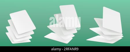 maquette 3d de cartes à jouer vierges pour le poker et les jeux de société. Voler et tomber des pages de papier blanc vides, casino ou cartes-cadeaux isolés sur fond vert, ensemble réaliste vectoriel Illustration de Vecteur
