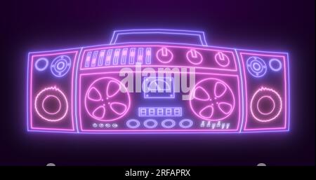 Magnétophone rétro néon pour écouter des chansons vieux vintage hipster lumineux bleu-violet. Banque D'Images