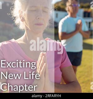 Composition de texte passionnant de chapitre de nouvelle vie sur les personnes caucasiennes âgées pratiquant le yoga Banque D'Images