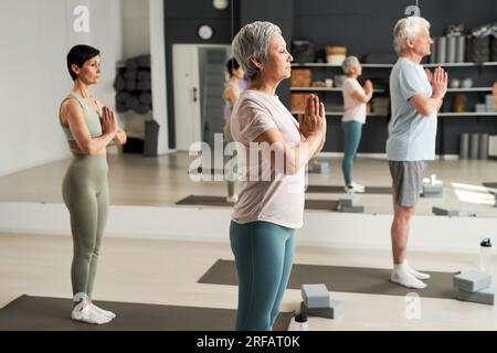 Groupe de personnes méditant ensemble pendant la formation en classe de yoga Banque D'Images