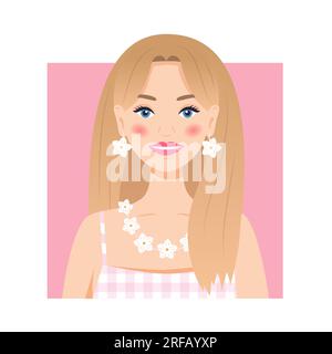 Jolie poupée blonde dans un cadre rose. Illustration vectorielle esthétique de Tendy barbiecore dans le style de dessin animé plat Illustration de Vecteur