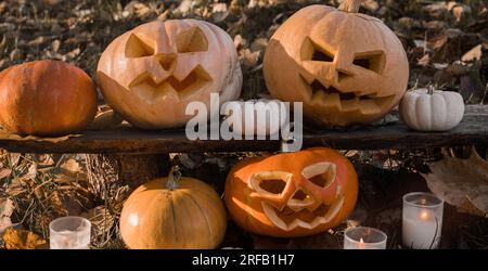 Tête de citrouille d'Halloween avec visage souriant sculpté et effrayant sur banc de bois à l'extérieur. Jack-O-Lantern, bougies allumées, feuilles séchées à l'extérieur. Halloween Composi Banque D'Images