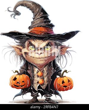 vecteur halloween effrayant vieil homme avec deux citrouilles. homme maléfique avec chapeau orange. vieil homme en colère avec deux citrouilles souriantes illustration vectorielle sur blanc Illustration de Vecteur