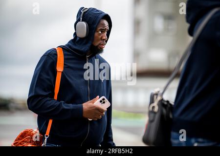 Zilina, Slovaquie. 02 août 2023. Jordan Torunarigha de Gand photographié lors du départ de l'équipe belge de football KAA Gent le mercredi 02 août 2023, à l'aéroport de Zilina, en Slovaquie. L'équipe se prépare pour le match de demain contre le club slovaque Zilina, le deuxième tour de qualification des quarts de finale de la compétition UEFA Europa Conference League. BELGA PHOTO JASPER JACOBS crédit : Belga News Agency/Alamy Live News Banque D'Images