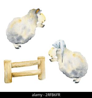 Illustration dessinée à la main à l'aquarelle, animaux mignons de bébé mouton en peluche magique, caractère de jouet de bande dessinée de clôture de saut. Objet unique isolé sur blanc Banque D'Images