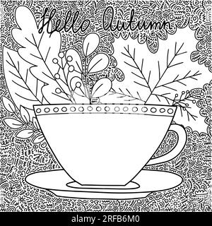 coloriage avec tasse de café et feuilles d'automne Illustration de Vecteur