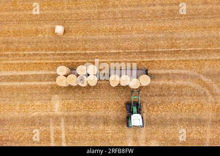 Un tracteur charge des balles de paille sur deux remorques dans un champ sec en été chaud, vue aérienne depuis l'Allemagne Banque D'Images