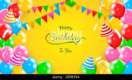 carte de voeux d'anniversaire colorée avec des ballons, chapeau d'anniversaire et décoration de confettis Illustration de Vecteur