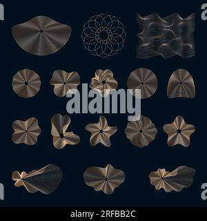 Éléments linéaires dorés abstraits de différentes formes, ensemble d'éléments de conception dorés ondulés sur un fond sombre. Icônes vectorielles Illustration de Vecteur