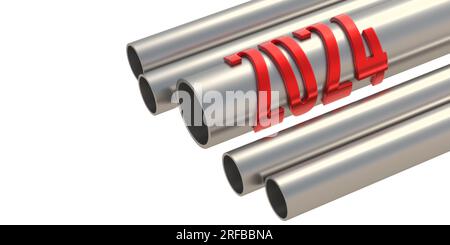 Nouvel an 2024, tubes de tuyaux métalliques en acier industriel isolés sur rendu 3d blanc Banque D'Images