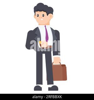 Homme d'affaires en costume avec mallette debout et attendant quelqu'un. en attente de taxi ou de bus. illustration vectorielle Illustration de Vecteur