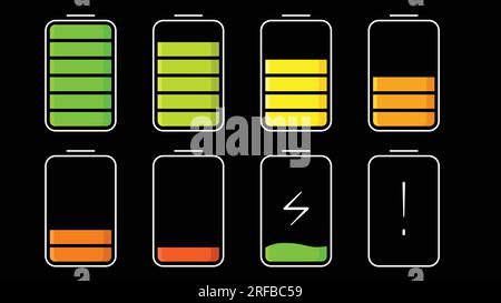 Ensemble d'icônes d'indicateur de charge de la batterie. la charge de la batterie passe d'un niveau élevé à un niveau faible. illustration vectorielle Illustration de Vecteur