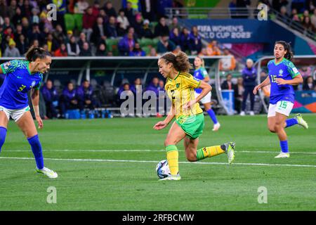 Melbourne, Australie. 02 août 2023. Solai Washington de Jamaïque lors du match de la coupe du monde féminine de la FIFA 2023 entre la Jamaïque féminine et le Brésil féminin au Melbourne Rectangular Stadium, Melbourne, Australie le 2 août 2023. Photo de Richard Nicholson. Usage éditorial uniquement, licence requise pour un usage commercial. Aucune utilisation dans les Paris, les jeux ou les publications d'un seul club/ligue/joueur. Crédit : UK Sports pics Ltd/Alamy Live News Banque D'Images