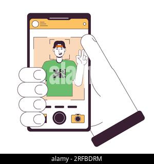 Tenue du smartphone avec illustration de spot vectoriel de concept de ligne plate photo Illustration de Vecteur