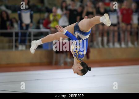 ISTANBUL, TURKIYE - 01 AVRIL 2023 : un athlète indéfini se produit lors des championnats turcs de gymnastique aérobie Banque D'Images