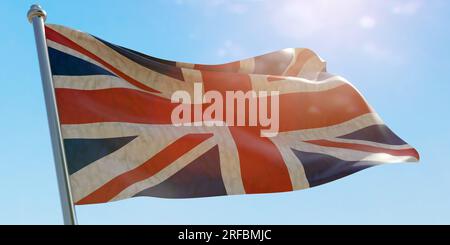 Drapeau britannique du Royaume-Uni agitant sur fond de ciel bleu, journée ensoleillée. rendu 3d. Banque D'Images