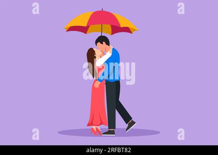 Dessin de style plat de dessin animé de l'homme et de la femme sous le parapluie debout sous la pluie et s'embrasser l'un l'autre. Amoureux romantiques s'embrassant. Heureux garçon et fille datin Banque D'Images