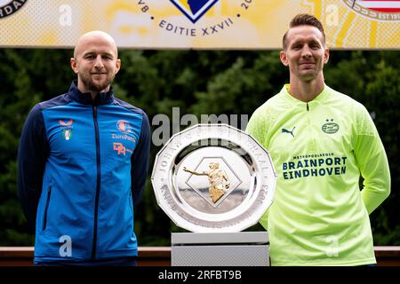 Zeist, pays-Bas. 02 août 2023. Zeist - Gernot Trauner de Feyenoord, Luuk de Jong de PSV avant la conférence de presse entre Feyenoord et PSV pour le Johan Cruijff Schaal XXVII sur le campus KNVB le 2 août 2023 à Zeist, aux pays-Bas. Crédit : photos boîte à boîte/Alamy Live News Banque D'Images