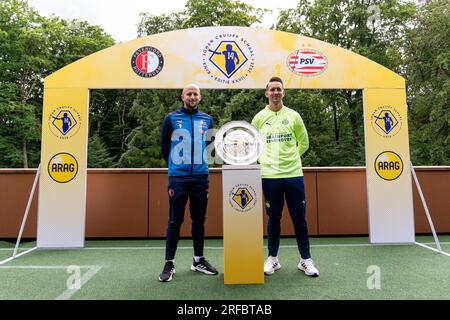 Zeist, pays-Bas. 02 août 2023. Zeist - Gernot Trauner de Feyenoord, Luuk de Jong de PSV avant la conférence de presse entre Feyenoord et PSV pour le Johan Cruijff Schaal XXVII sur le campus KNVB le 2 août 2023 à Zeist, aux pays-Bas. Crédit : photos boîte à boîte/Alamy Live News Banque D'Images