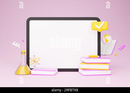 Tablette écran blanc sur fond rose avec icônes éducatives, collage Banque D'Images
