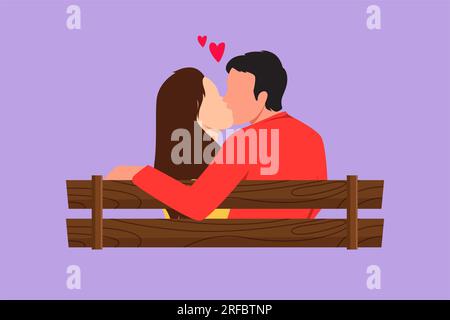 Graphique design plat dessin vue arrière de couple romantique doux baiser assis sur le banc au parc dans un paysage magnifique. Heureux gars et jolie fille Relati Banque D'Images