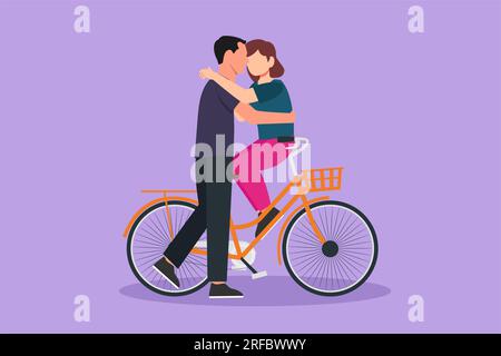 Dessin de style plat de dessin animé couple romantique assis sur le vélo et s'embrassant les uns les autres. Relations amoureuses, histoire d'amour, nouvelle famille en lune de miel traveli Banque D'Images