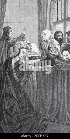La mort de Sainte Anne. Gravure de vies des Saints par Sabin Baring-Gould d'après une peinture de Quentin Matsys (ou Massys) aux Musées Royaux des Beaux-Arts de Bruxelles. Ceci fait partie d'une alterpièce triptyque connue sous le nom d'Alterpiece de Sainte Anne qui contient cinq scènes d'elle et de la vie de son mari, Joachim. Il se termine sur le panneau de droite avec sa mort. Dans cette scène, on voit Jésus la bénir. Sainte Anne était la mère de la Bienheureuse Vierge Marie. Banque D'Images