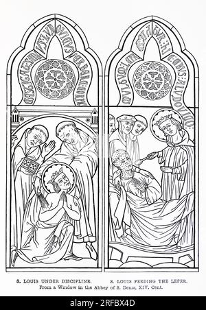 Roi Louis IX de France (Saint Louis) sous discipline et nourrissant le lépreux, à partir d'un vitrail du 14e siècle dans l'abbaye de St Denis. Gravure de vies des Saints par Sabin Baring-Gould. Banque D'Images