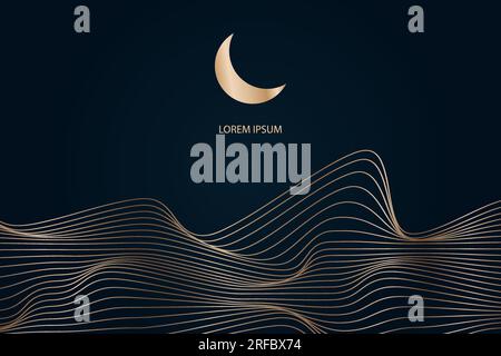 Montagnes abstraites linéaires dorées sur fond sombre, Lune sur fond de collines linéaires ondulées. Motifs asiatiques. Bannière vectorielle Illustration de Vecteur