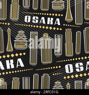Vector Osaka Seamless Pattern, fond de répétition carrée avec illustration du célèbre paysage asiatique de la ville d'osaka sur fond sombre pour papier d'emballage, déco Illustration de Vecteur