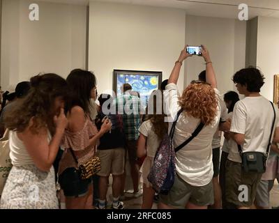 Les visiteurs se moquent de l'exposition à succès des cyprès de Van Gogh au Metropolitan Museum of Art de New York le vendredi 28 juillet 2023. (© Frances M. Roberts) Banque D'Images