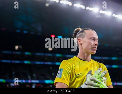 Sydney, Australie. 2 août 2023. Pauline Peyraud-Magnin, gardien de but de la France, réagit avant le match du groupe F entre le Panama et la France lors de la coupe du monde féminine de la FIFA 2023 à Sydney, Australie, le 2 août 2023. Crédit : Hu Jingchen/Xinhua/Alamy Live News Banque D'Images