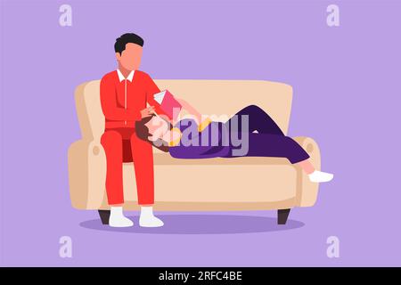 Le couple romantique de dessin plat de caractère assis ensemble sur le canapé prend une pause de détente. Homme détendu et femme mignonne couché sur le canapé et lisant le livre i. Banque D'Images
